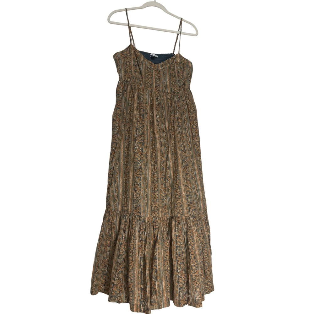 American Eagle Paisley Floral Tiered Smocked Back Dress Gold Blue Orange Size L